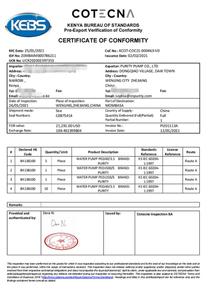 Exportação do Certificado PVOC para Países Africanos (Quênia)